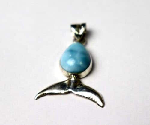 Lovely Natural Sky Blue Larimar .925 Sterling Silver Whale Tail Fin Pendant 38mm – photo 5