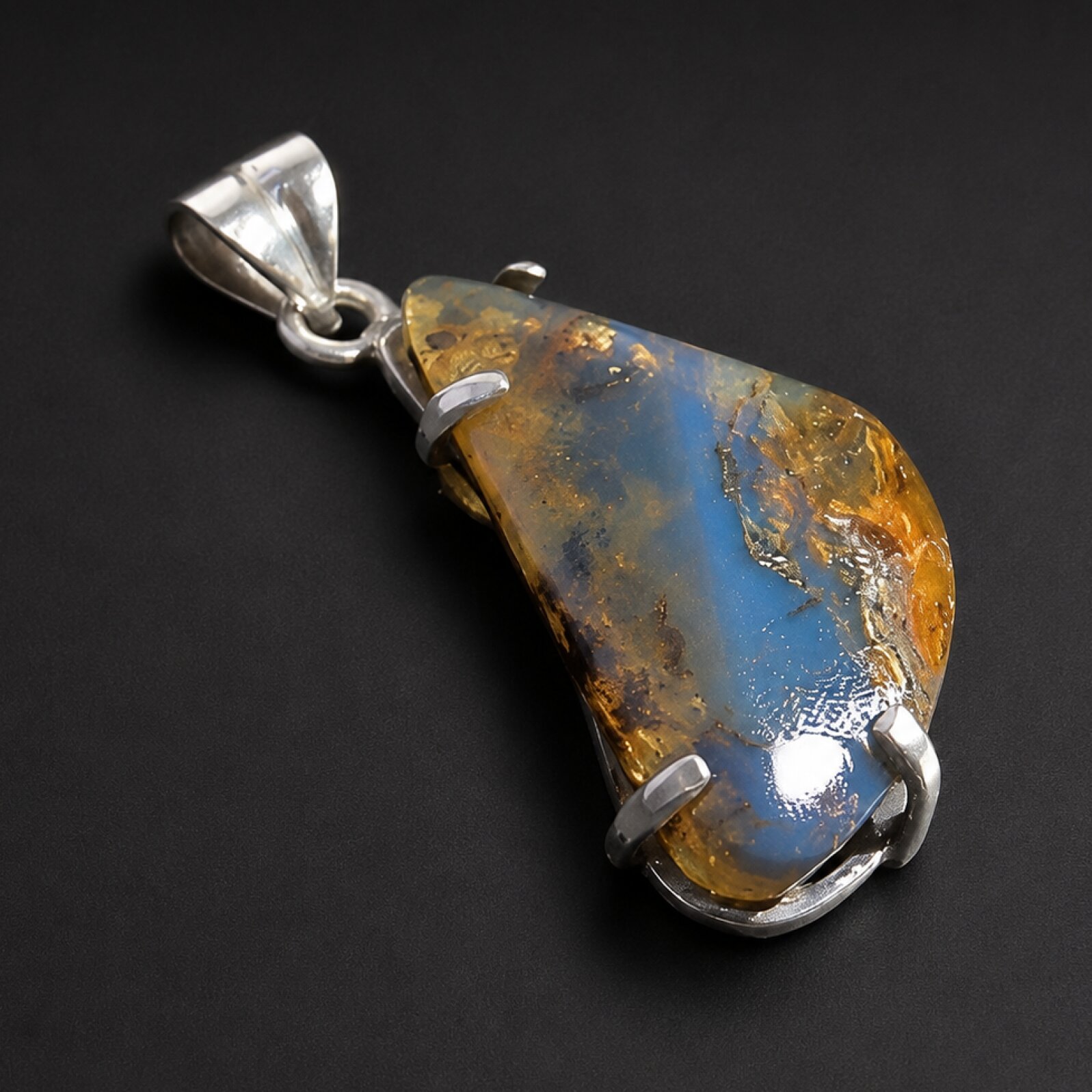 Artisan Made Translucent Deep Blue Dominican Amber 925 Sterling Silver Pendant 44mm