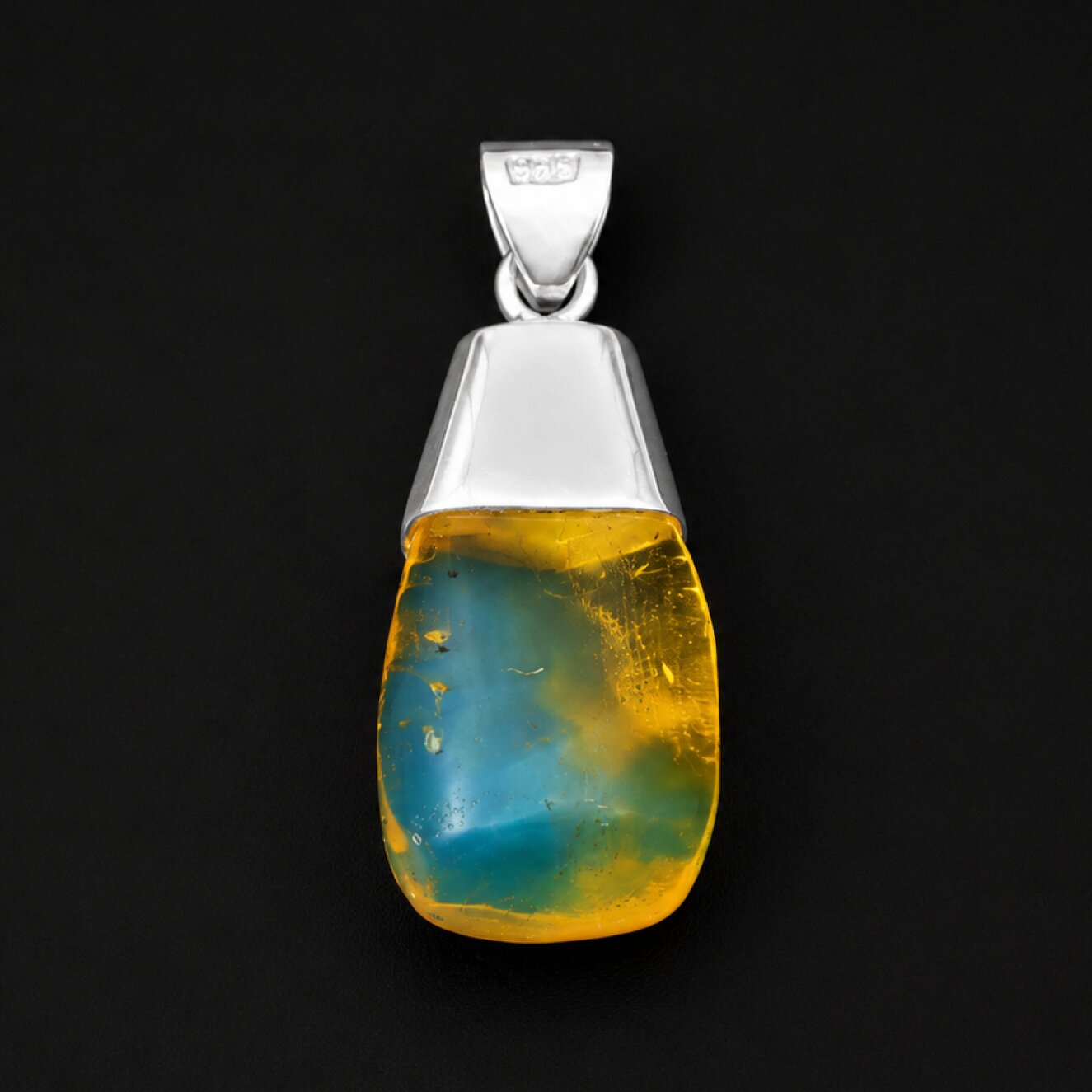 Luxury Clear Orange Blue Dominican Amber 925 Sterling Silver Pendant 41mm