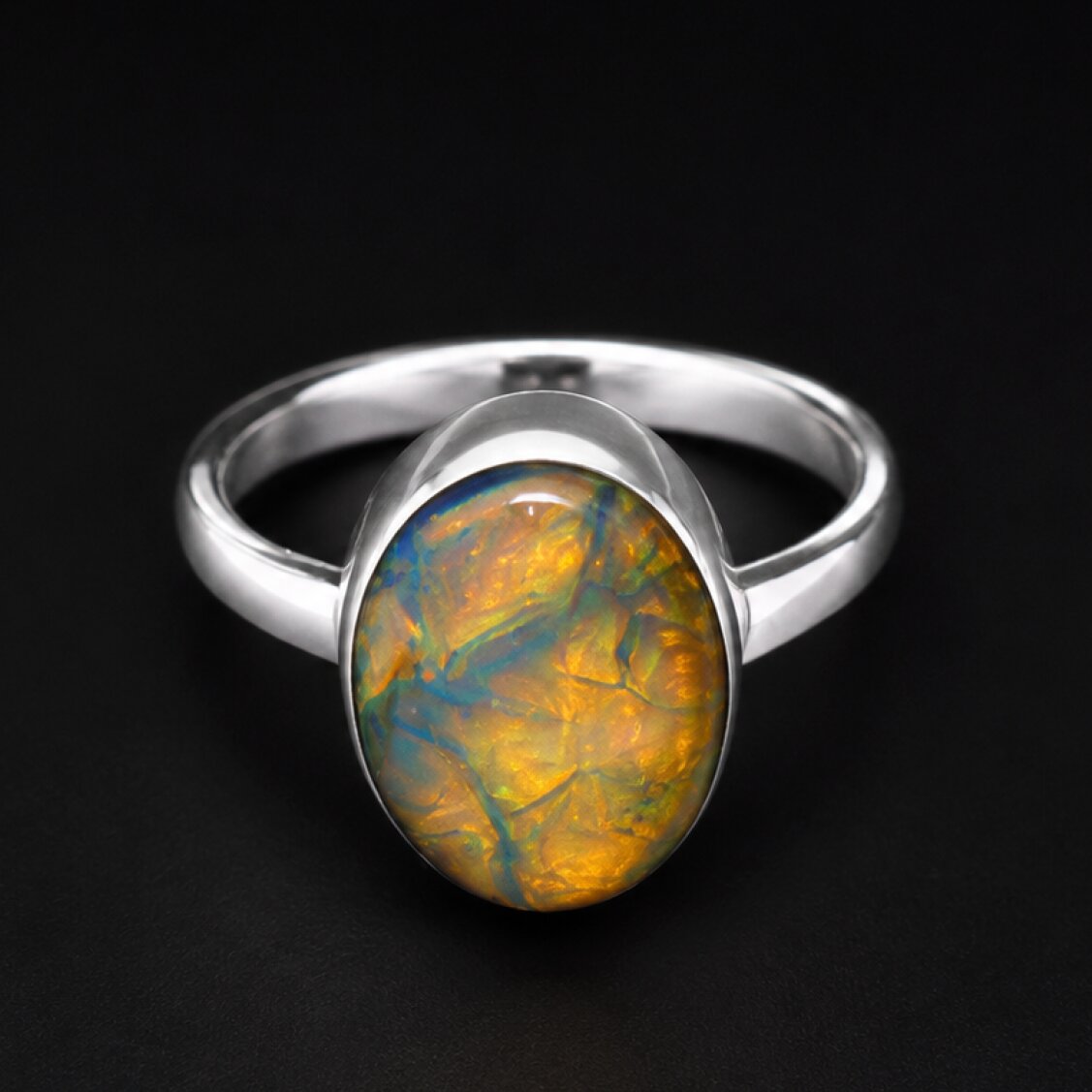Classic Clear Orange Blue Dominican Amber 925 Sterling Silver Ring #7.75