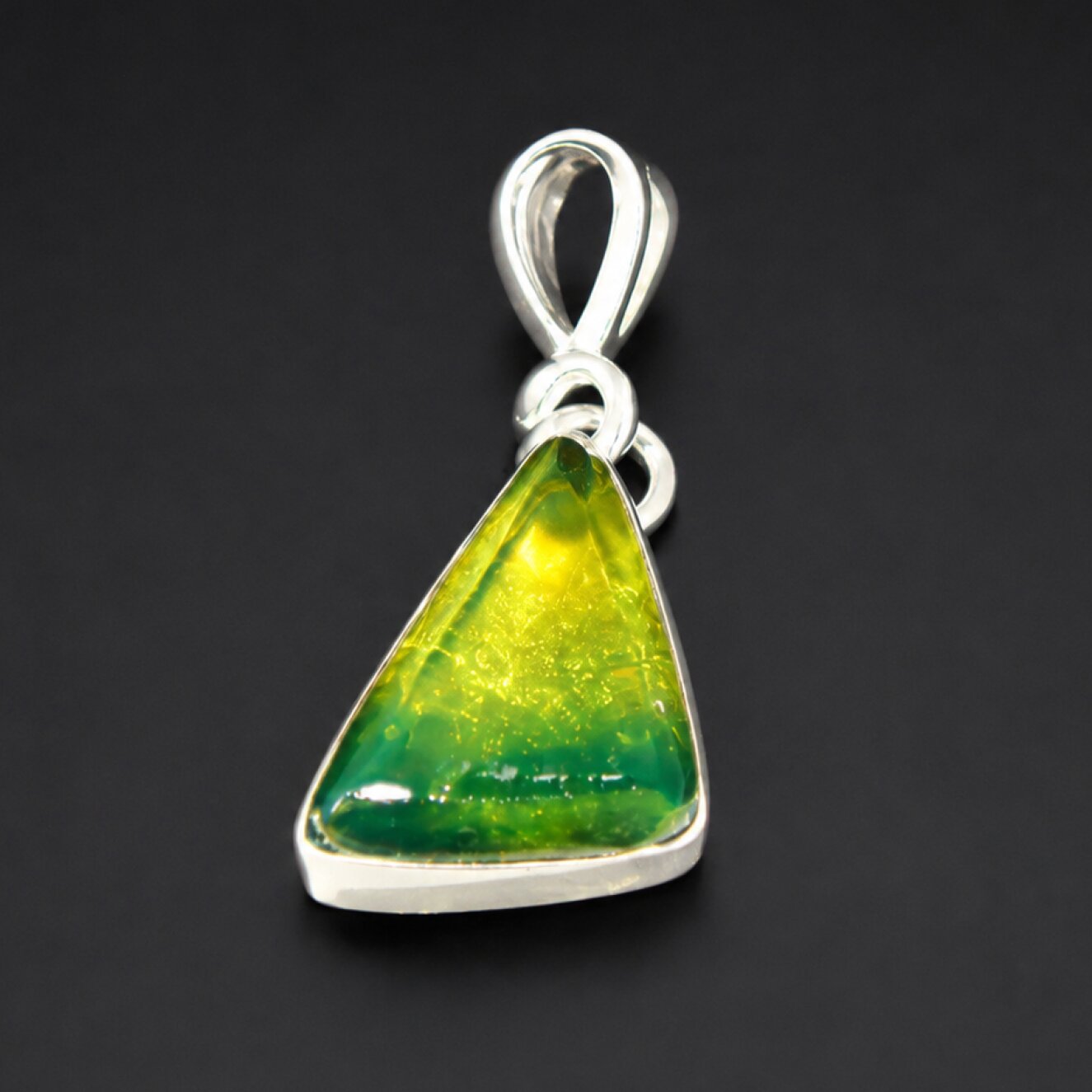 Natural Dominican Green Amber Pendant 925 Sterling Silver 23 mm triangle yellow