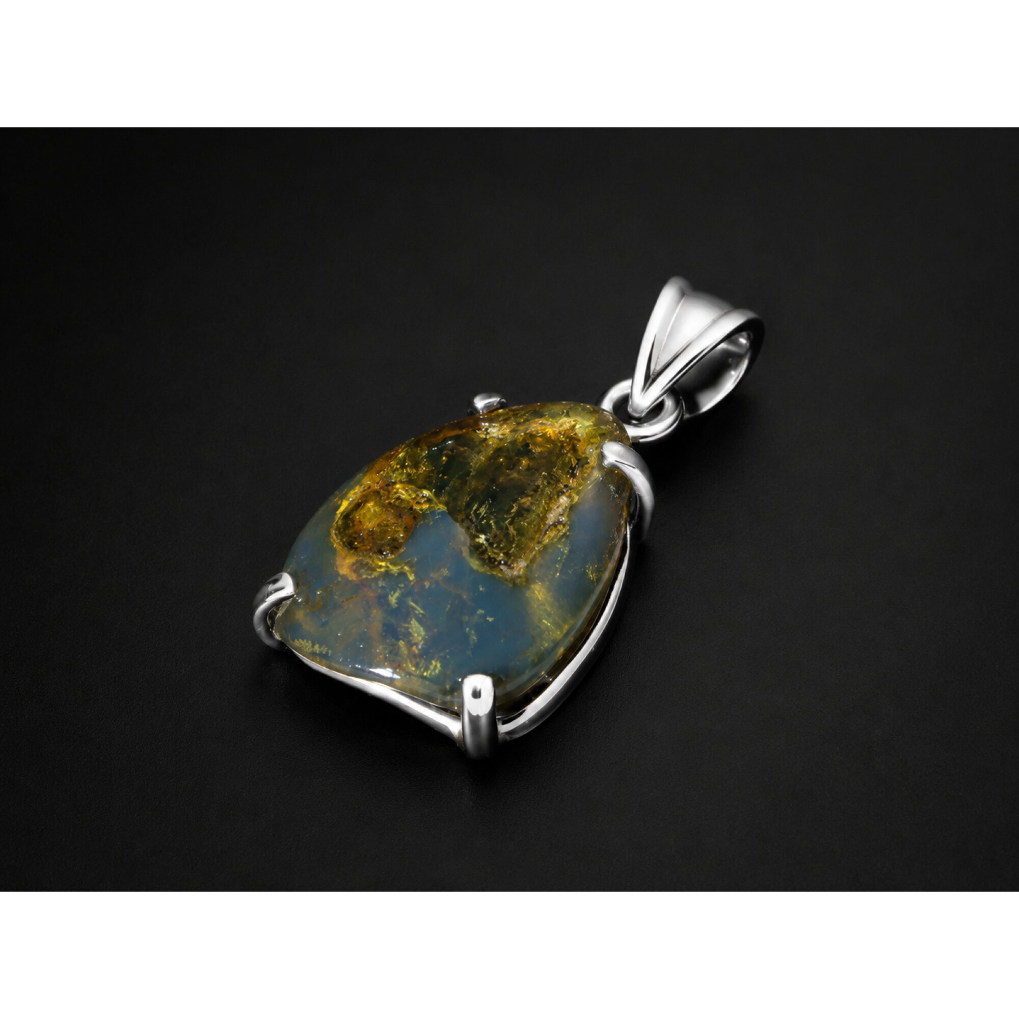 Natural Dominican Blue Amber Pendant 925 Sterling Silver 34 mm freeform dark – photo 4