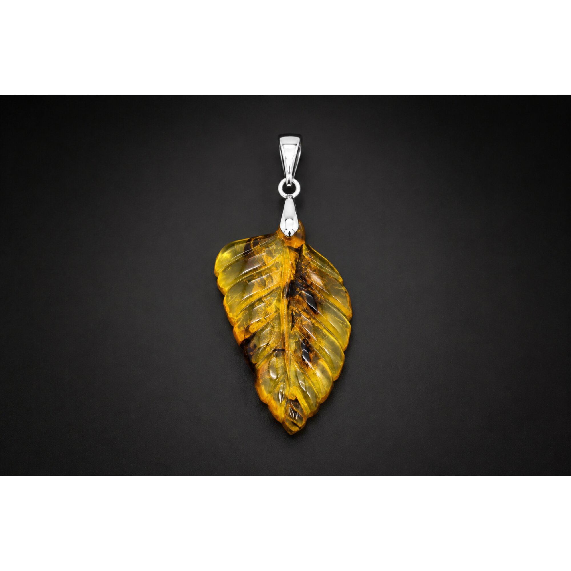 Clear cognac blue Natural Dominican Amber leaf 925 Sterling Silver Pendant 43 mm – photo 3