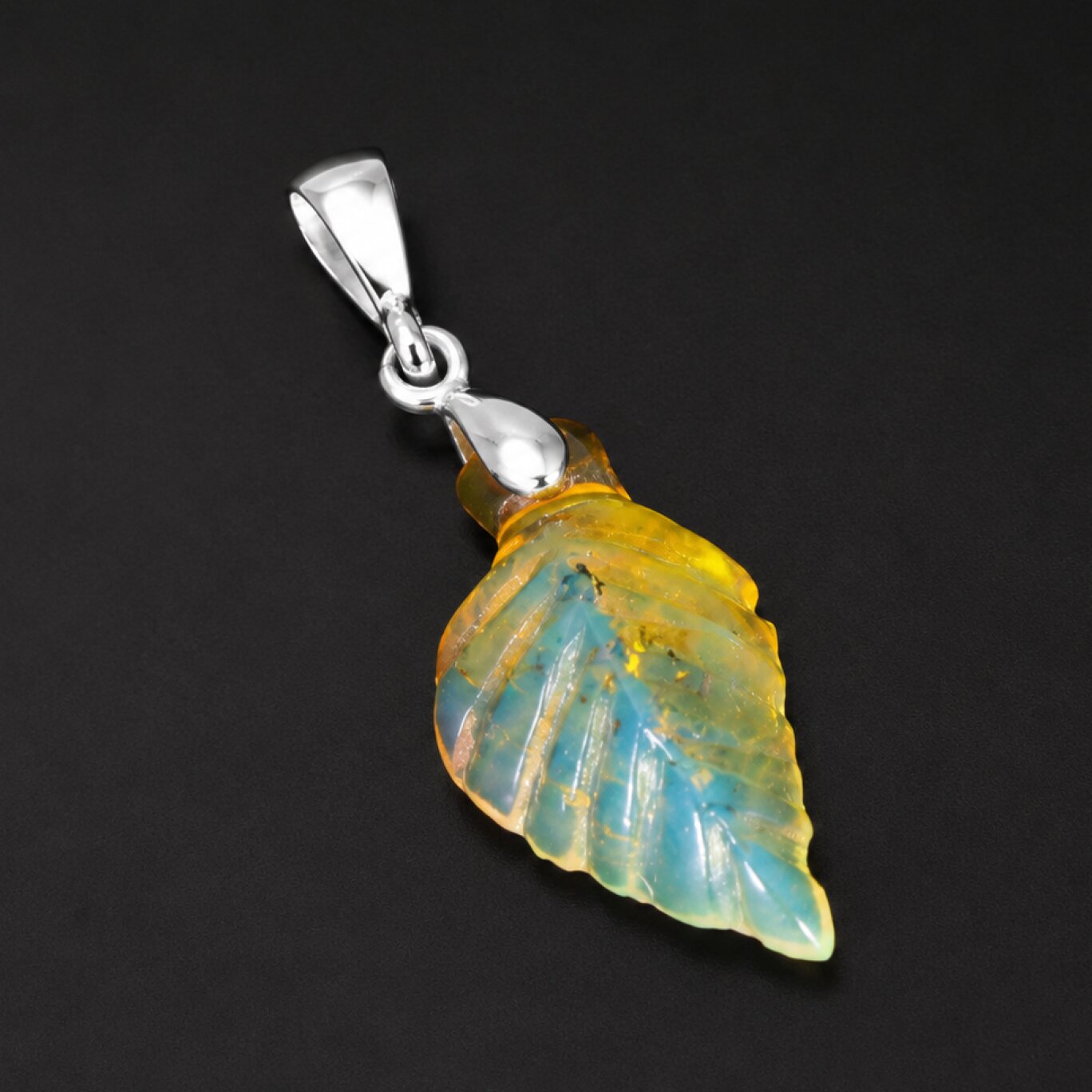 Clear sky blue Natural Dominican Amber leaf 925 Sterling Silver Pendant 33 mm