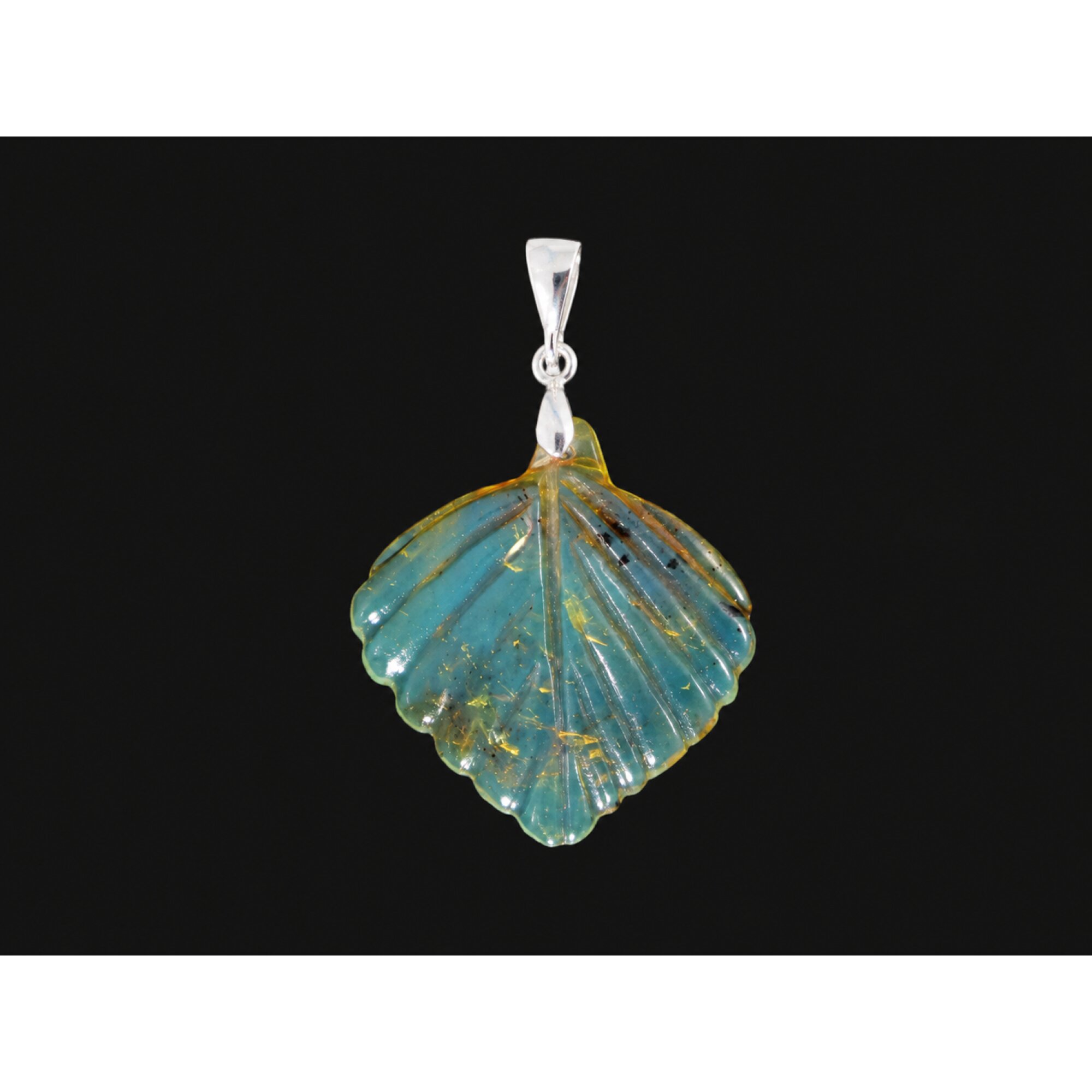 Clear volcanic blue Natural Dominican Amber leaf 925 Sterling Pendant 41 mm – photo 4