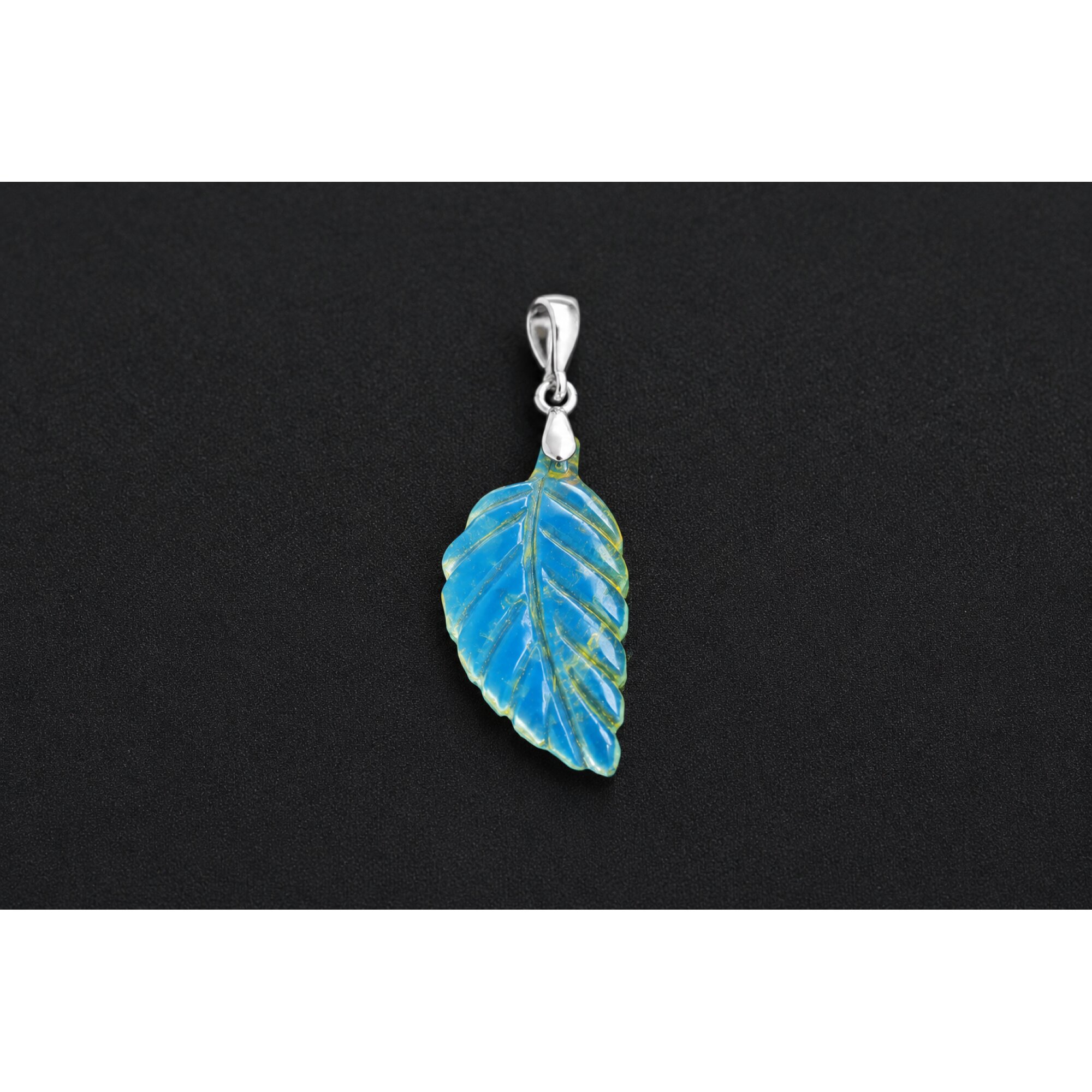 Clear volcanic blue Natural Dominican Amber leaf 925 Sterling Pendant 43 mm – photo 4