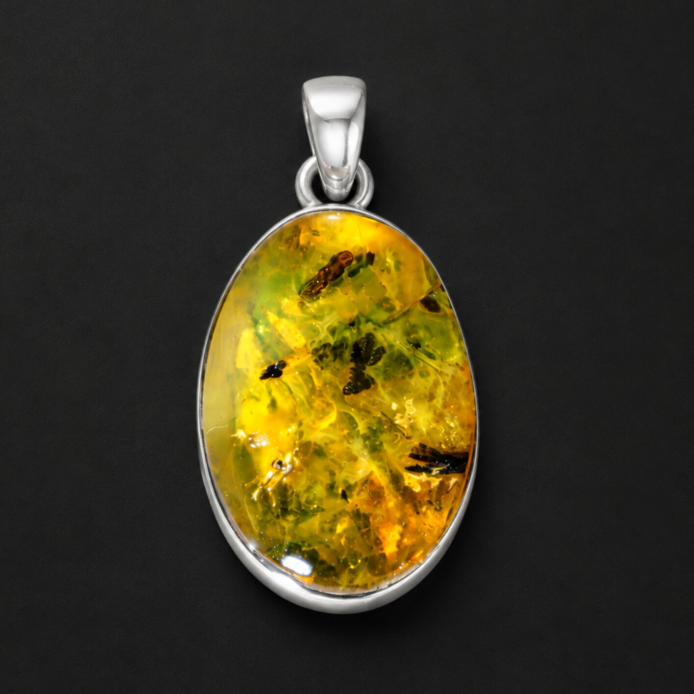 Translucent yellow green Natural Dominican Amber oval 925 Sterling Pendant 30 mm