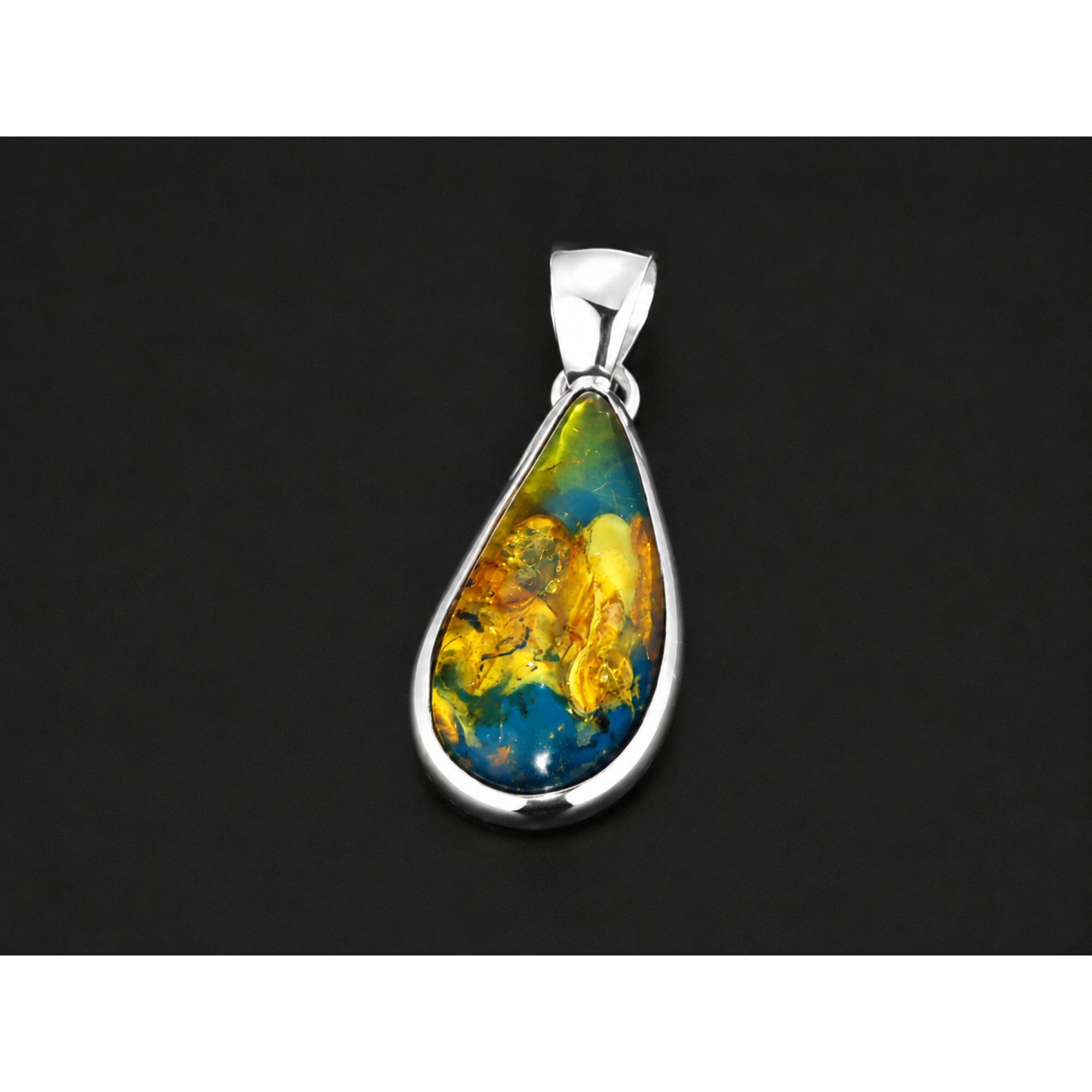 Translucent yellow blue Natural Dominican Amber drop 925 Sterling Pendant 33 mm – photo 6