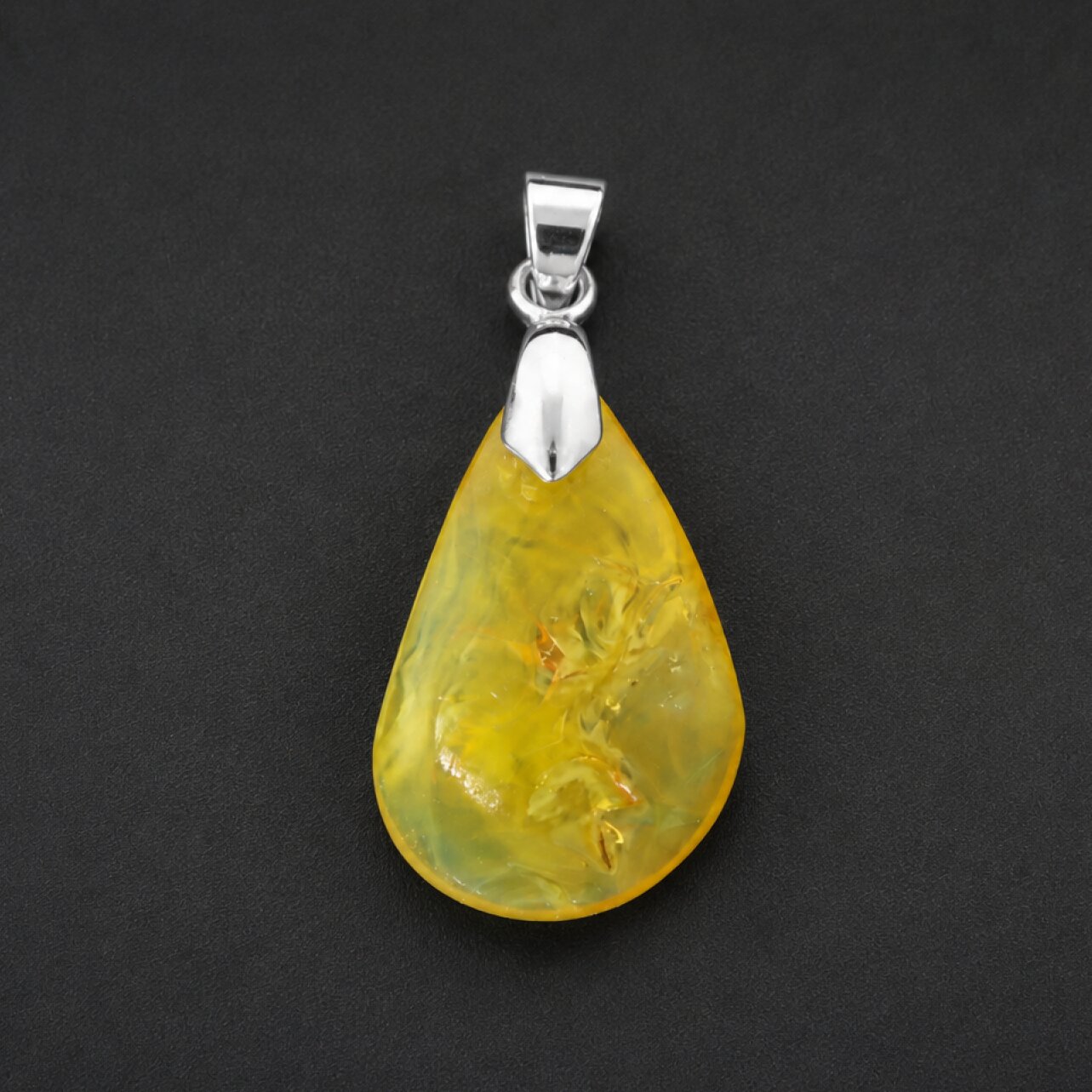 Clear deep yellow Natural Dominican Amber teardrop 925 Sterling Pendant 39 mm