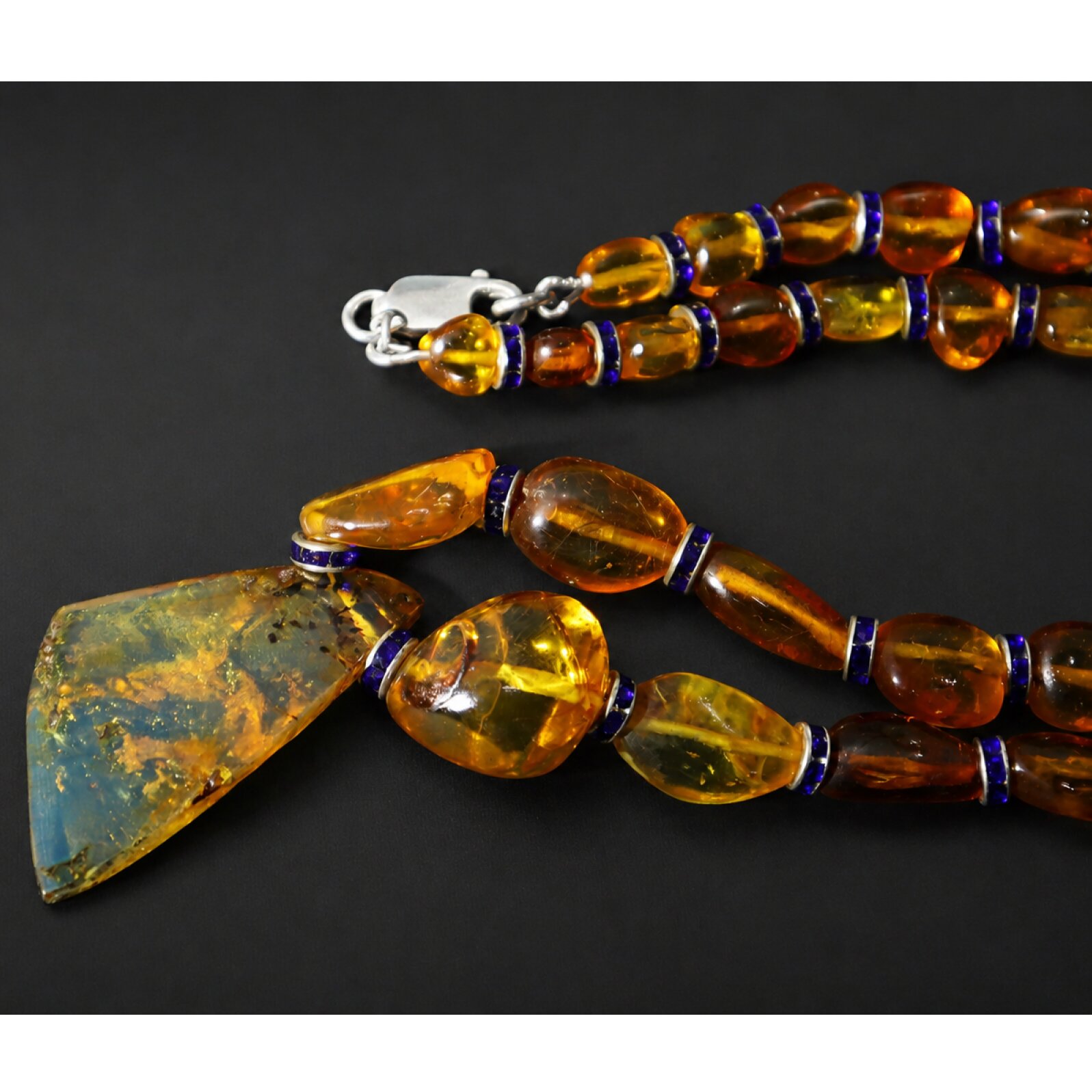 Clear orange blue Natural Dominican Amber nugget 925 Sterling Necklace 495 mm