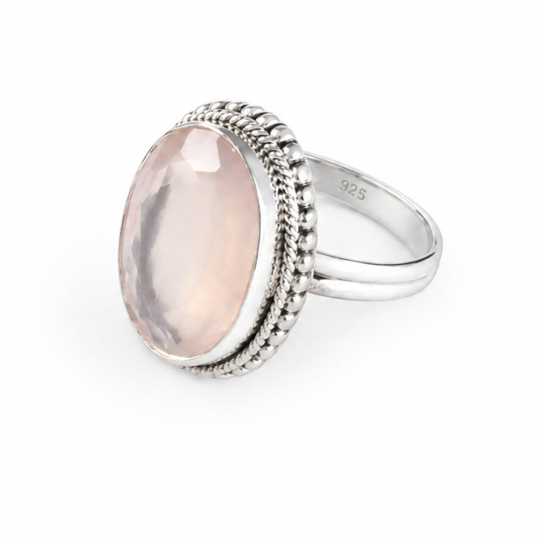 Clear pink Natural Rose Quartz oval 925 Sterling Silver Ring Size 8.50