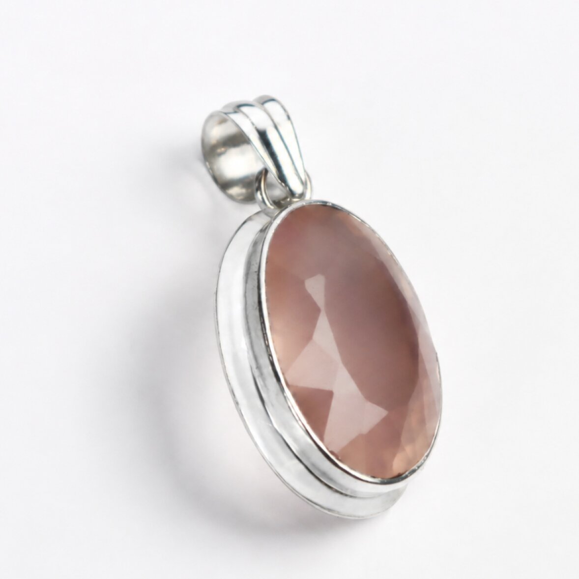 Clear Pink Natural rose quartz oval 925 Sterling Silver Pendant 46 mm