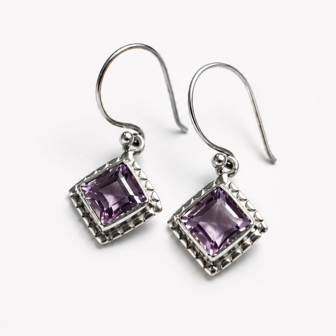 Clear purple Natural amethyst rectangular 925 Sterling Silver Earrings 29 mm