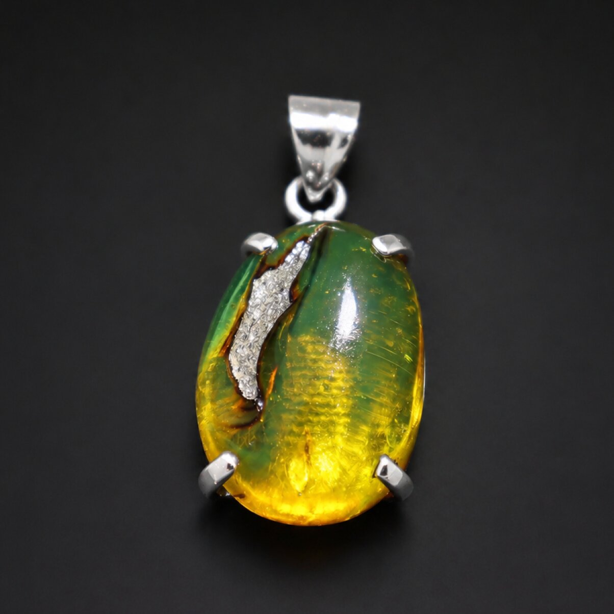 Clear yellow green Natural Dominican Amber slice 925 Sterling Pendant 38 mm