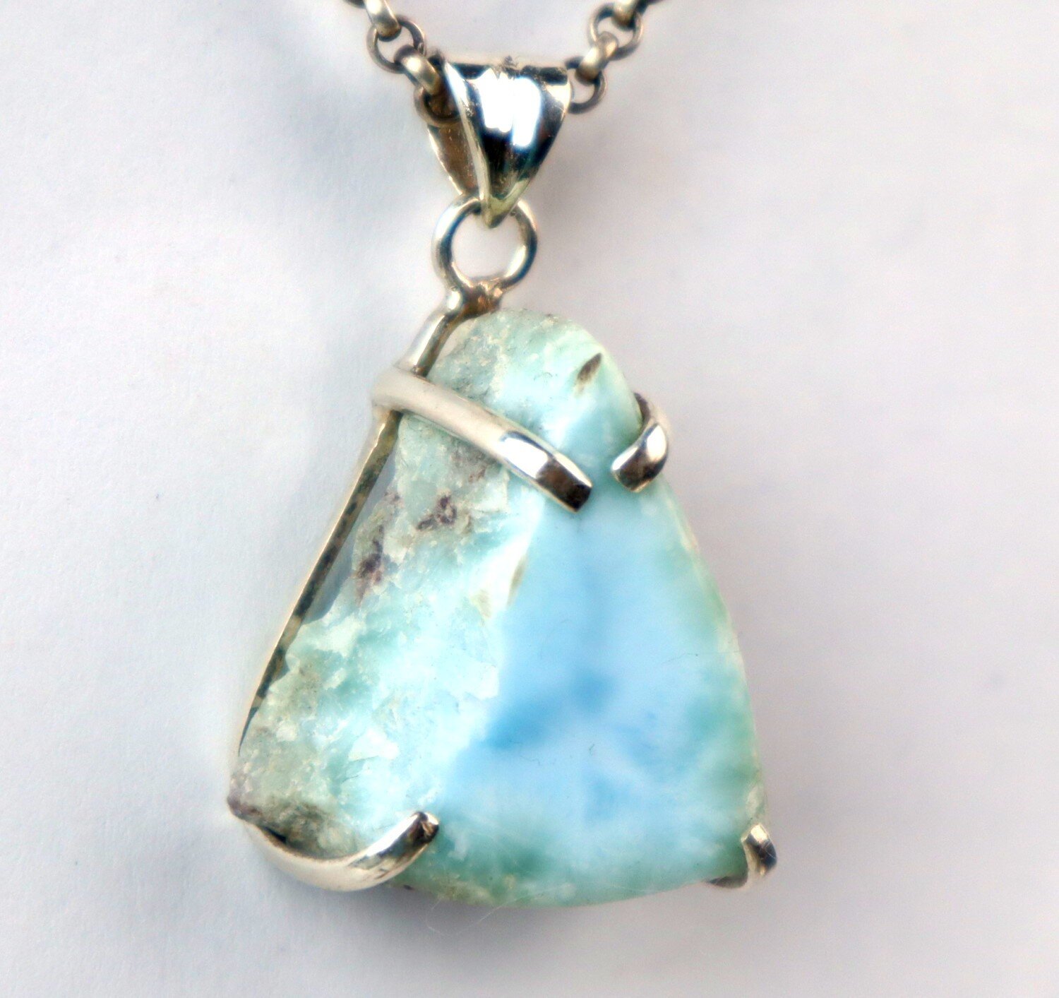 Handcrafted Natural Sky Blue Larimar 925 Sterling Silver Triangle Slice Pendant – photo 6