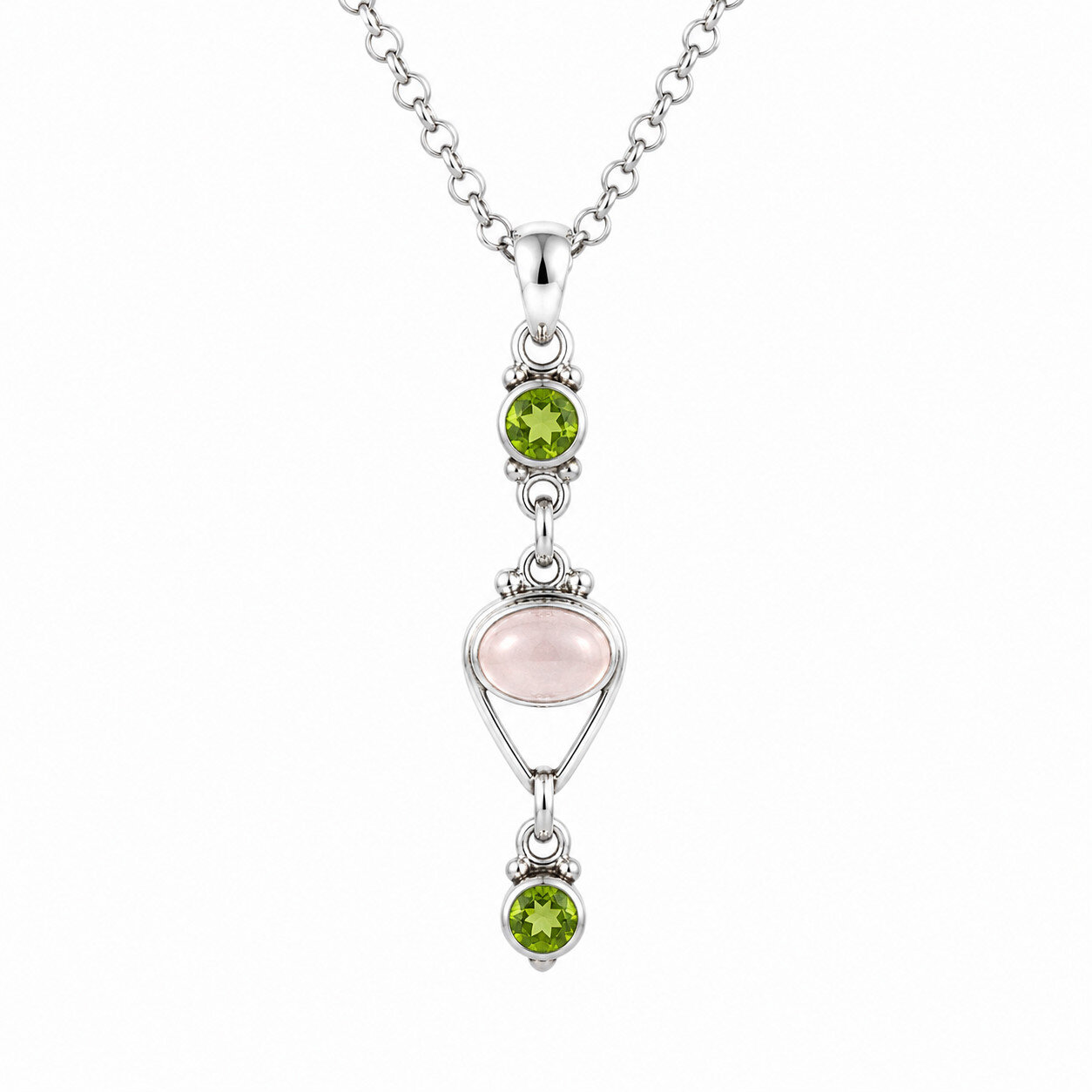 Premium Elegant Pink Green Rose Quartz & Peridot 925 Sterling Silver Oval 48mm