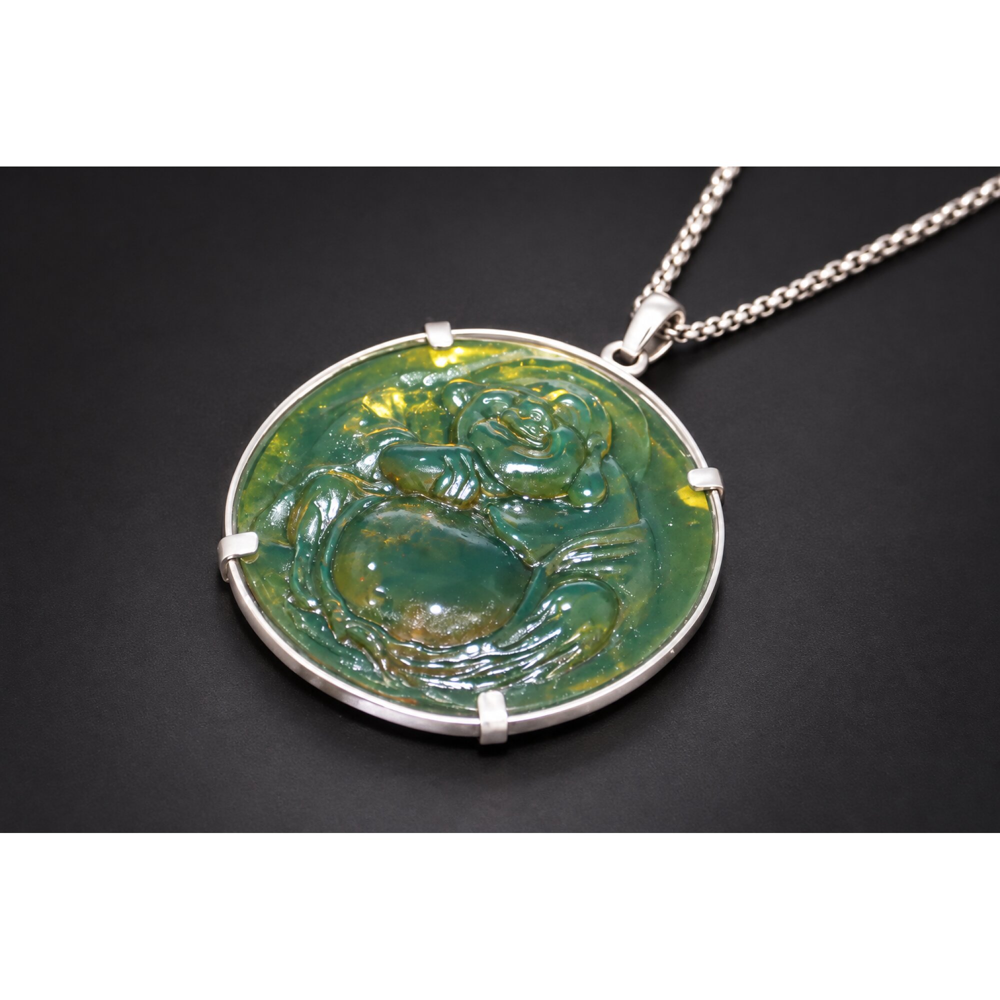 Expertly hand carved cognac green Dominican amber sterling silver pendant 63mm – photo 4