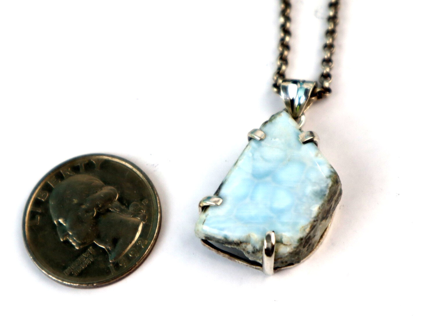 Natural Light Blue Larimar Slice .925 Sterling Silver Pendant 38mm – photo 5