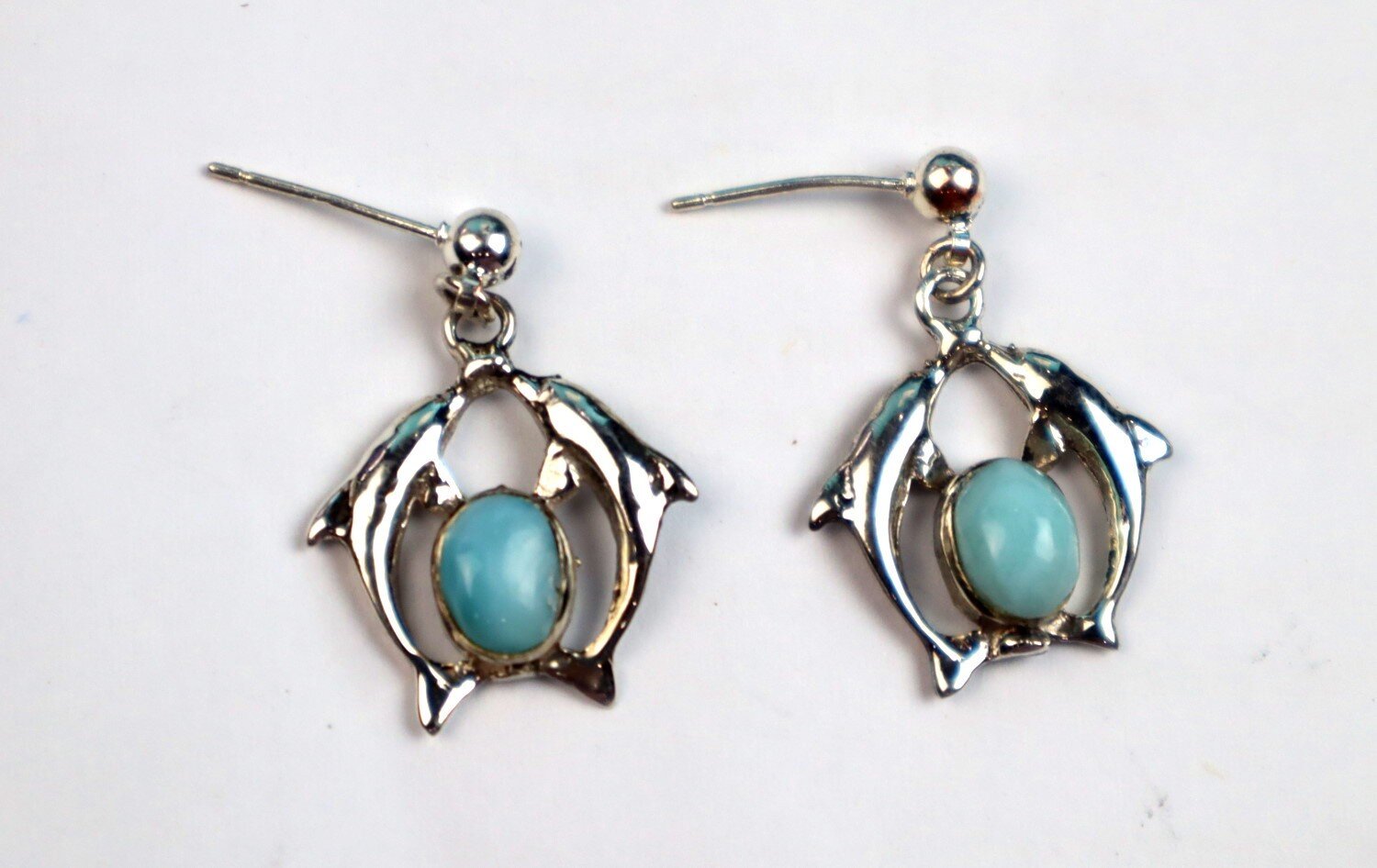 Impressive Natural Sky Blue Larimar .925 Sterling Silver Dolphin Earrings 28.0mm – photo 3