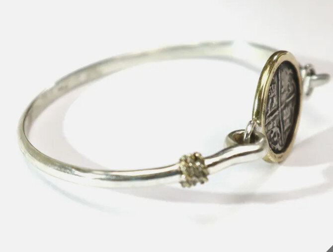 SPAIN COLONIAL PIRATE COIN .925 solid Sterling Silver BRACELET Bangle 7inch – photo 4