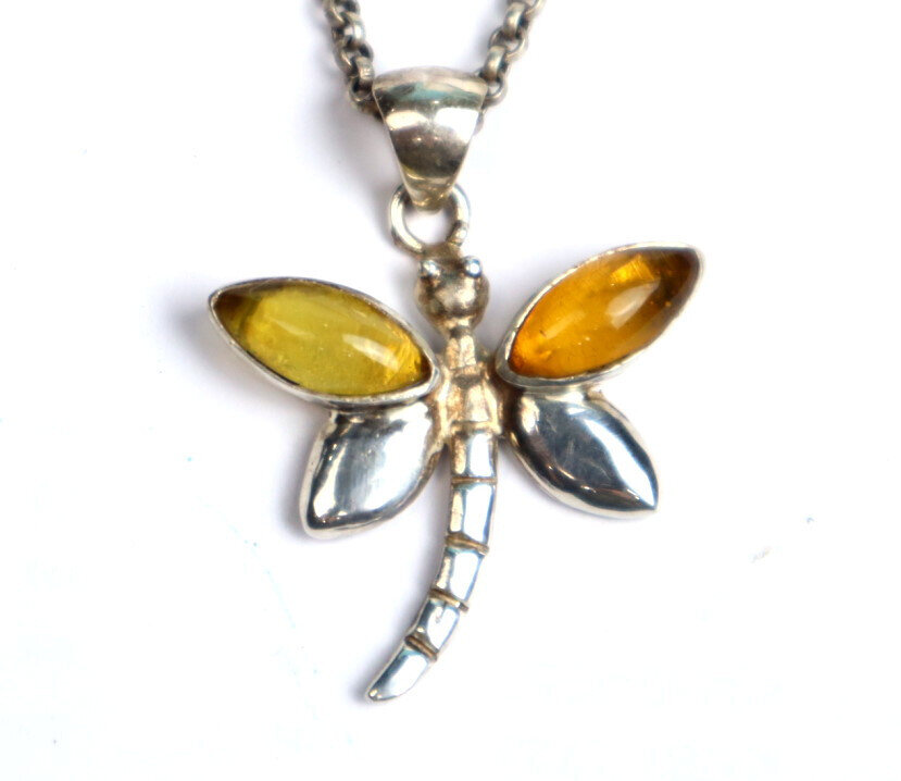 Natural Clear Orange Yellow Amber .925 Sterling Silver Dragonfly Pendant 40mm – photo 6