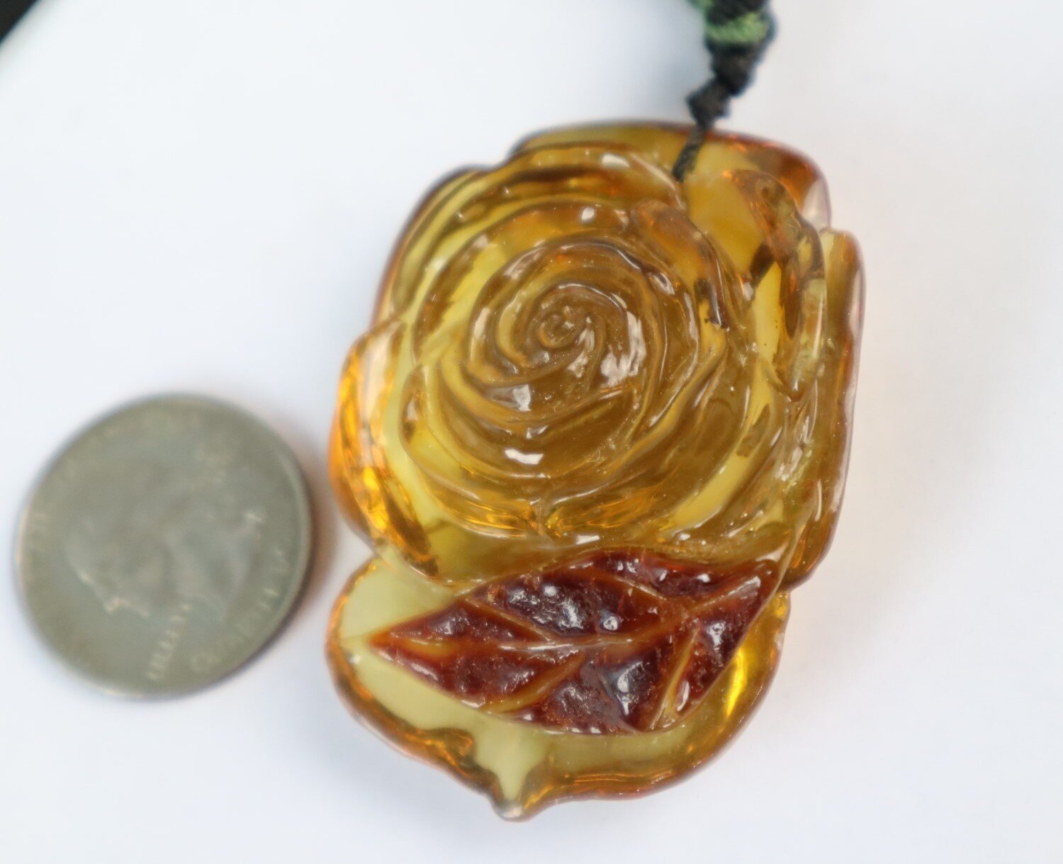 Hand-Carved Dominican Green Amber Pendant – Floral Design – photo 14