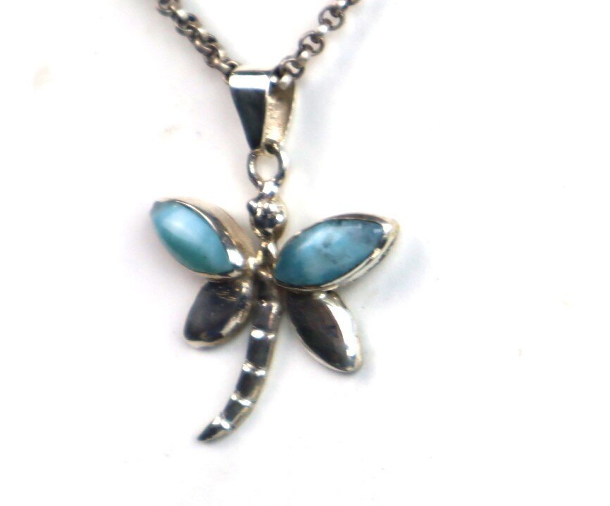 Natural Light Blue Larimar .925 Sterling Silver Dragonfly Pendant 37mm – photo 9