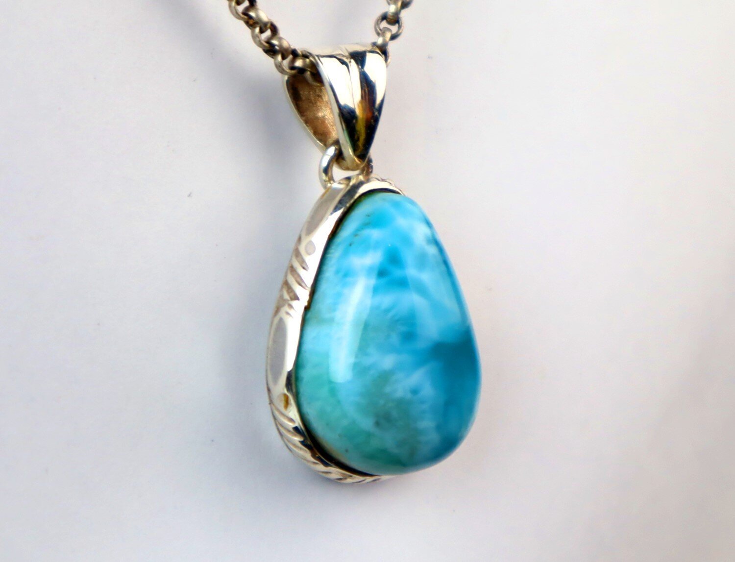 Impressive Natural Volcanic Blue Larimar .925 Sterling Silver Pendant 37mm – photo 4