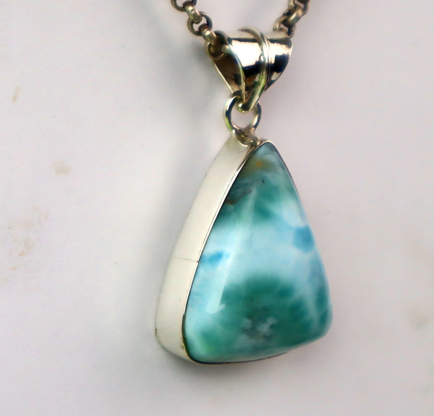 Excellent Natural Ocean Blue Triangular Larimar 925 Sterling Silver Pendant 34mm – photo 7