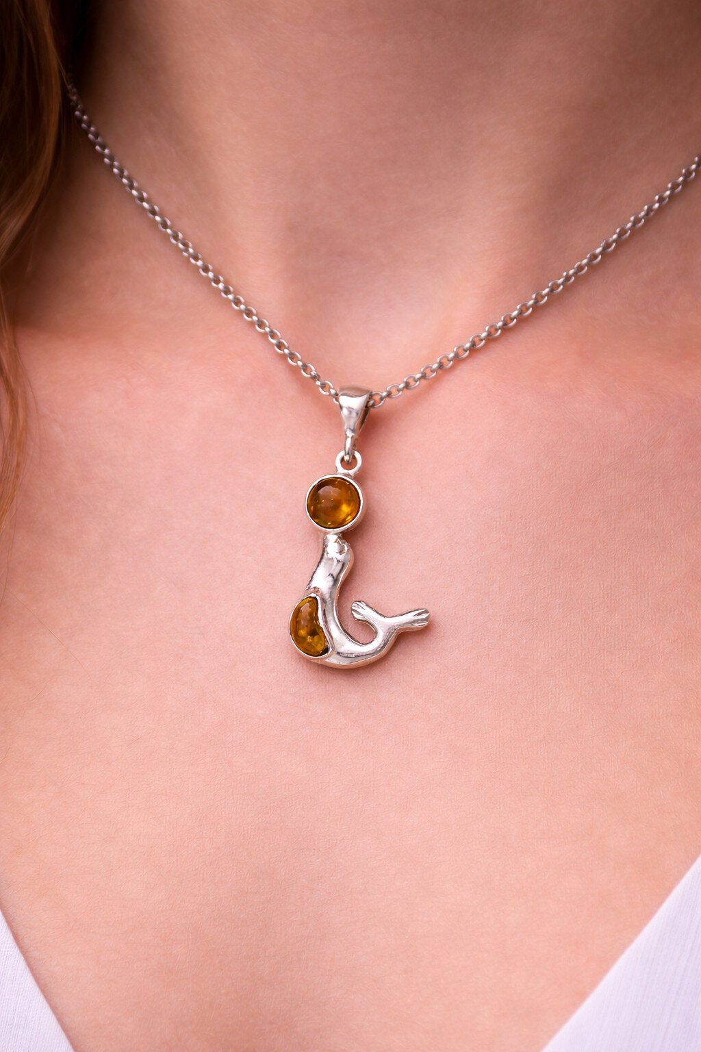 Natural Clear Green Yellow Amber 925 Sterling Silver Sea Lion, Seal Pendant 41mm